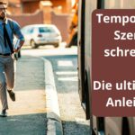 Ein gestresster Mann rennt hinter einem wegfahrenden Bus her, um noch einsteigen zu können.