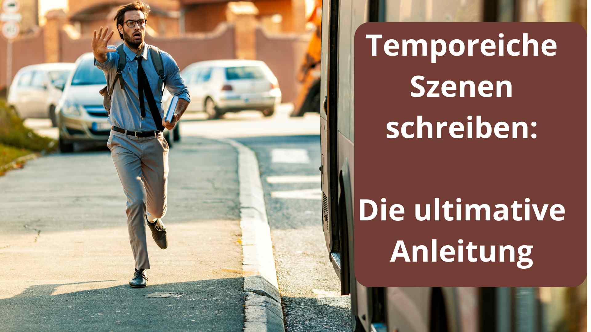 Ein gestresster Mann rennt hinter einem wegfahrenden Bus her, um noch einsteigen zu können.